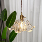 Floraglow: Pendant Light Made of Ribbed Glass & Metal in Golden Flower Shape – for Living Room & Bedroom