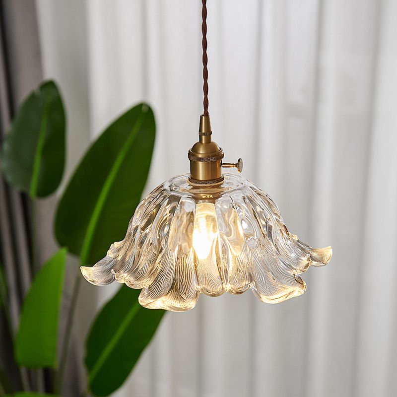 Floraglow: Pendant Light Made of Ribbed Glass & Metal in Golden Flower Shape – for Living Room & Bedroom