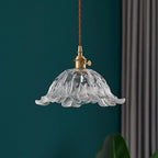 Floraglow: Pendant Light Made of Ribbed Glass & Metal in Golden Flower Shape – for Living Room & Bedroom