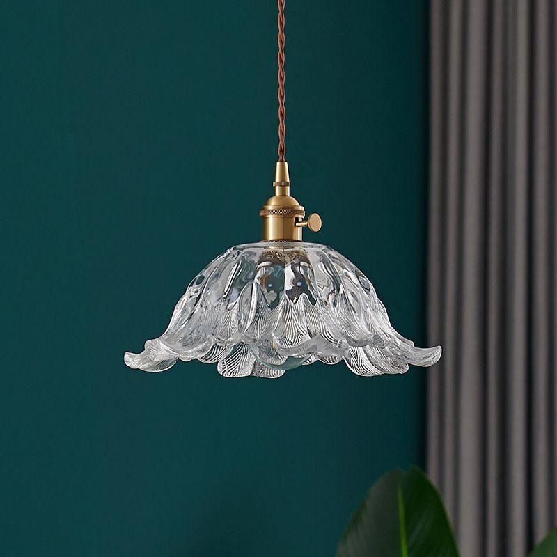 Floraglow: Pendant Light Made of Ribbed Glass & Metal in Golden Flower Shape – for Living Room & Bedroom