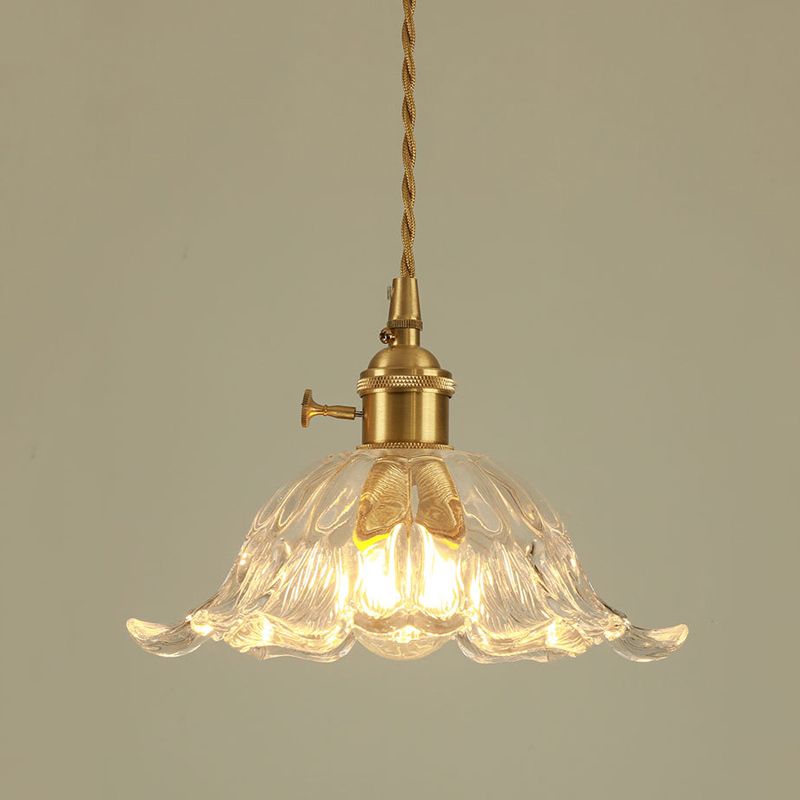 Floraglow: Pendant Light Made of Ribbed Glass & Metal in Golden Flower Shape – for Living Room & Bedroom