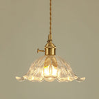 Floraglow: Pendant Light Made of Ribbed Glass & Metal in Golden Flower Shape – for Living Room & Bedroom