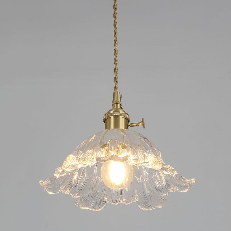 Floraglow: Pendant Light Made of Ribbed Glass & Metal in Golden Flower Shape – for Living Room & Bedroom