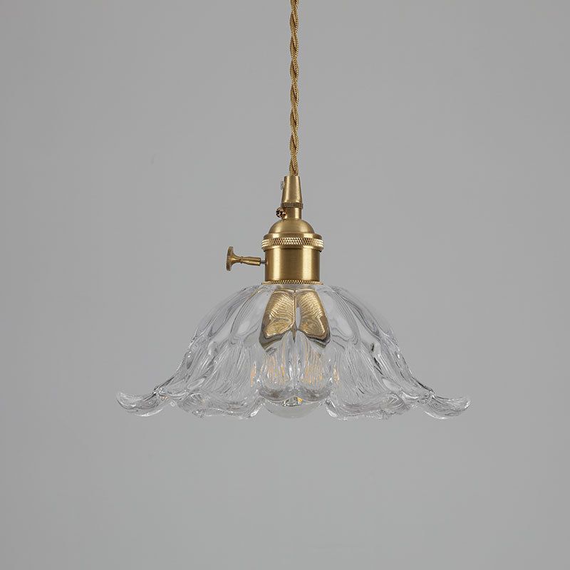Floraglow: Pendant Light Made of Ribbed Glass & Metal in Golden Flower Shape – for Living Room & Bedroom