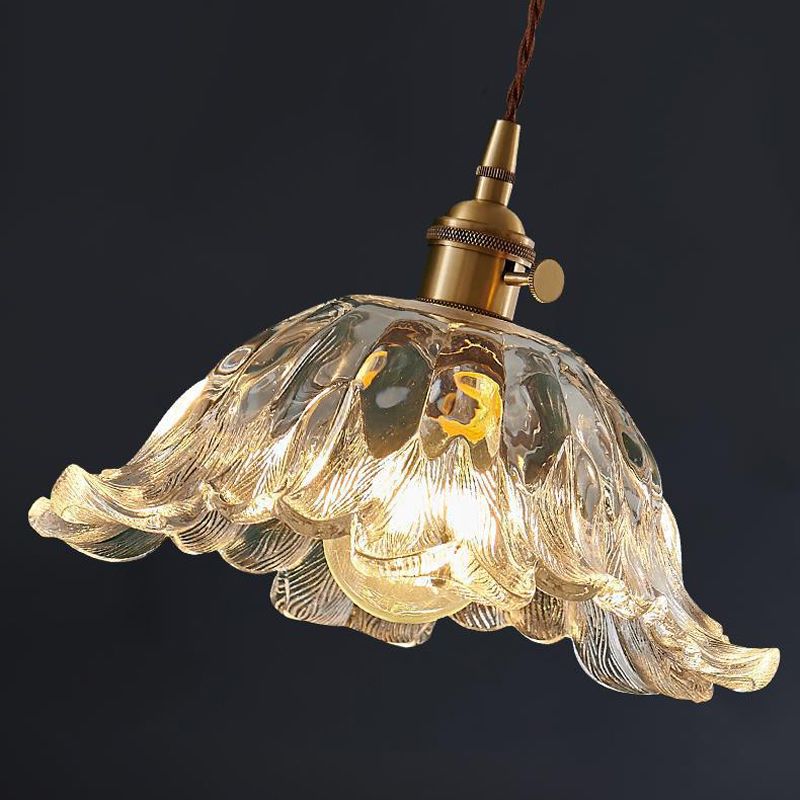 Floraglow: Pendant Light Made of Ribbed Glass & Metal in Golden Flower Shape – for Living Room & Bedroom