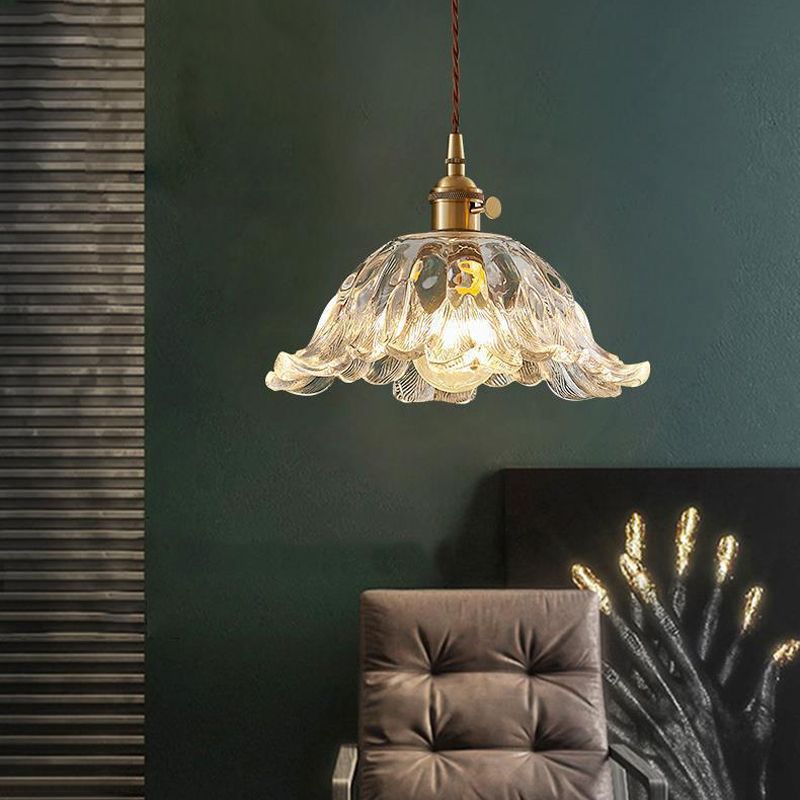 Floraglow: Pendant Light Made of Ribbed Glass & Metal in Golden Flower Shape – for Living Room & Bedroom