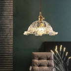 Floraglow: Pendant Light Made of Ribbed Glass & Metal in Golden Flower Shape – for Living Room & Bedroom