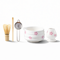 Hanamori – White Floral Powdered Green Tea Set 5 Pieces with Pouring Pot and Bamboo Whisk
