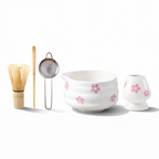 Hanamori – White Floral Powdered Green Tea Set 5 Pieces with Pouring Pot and Bamboo Whisk