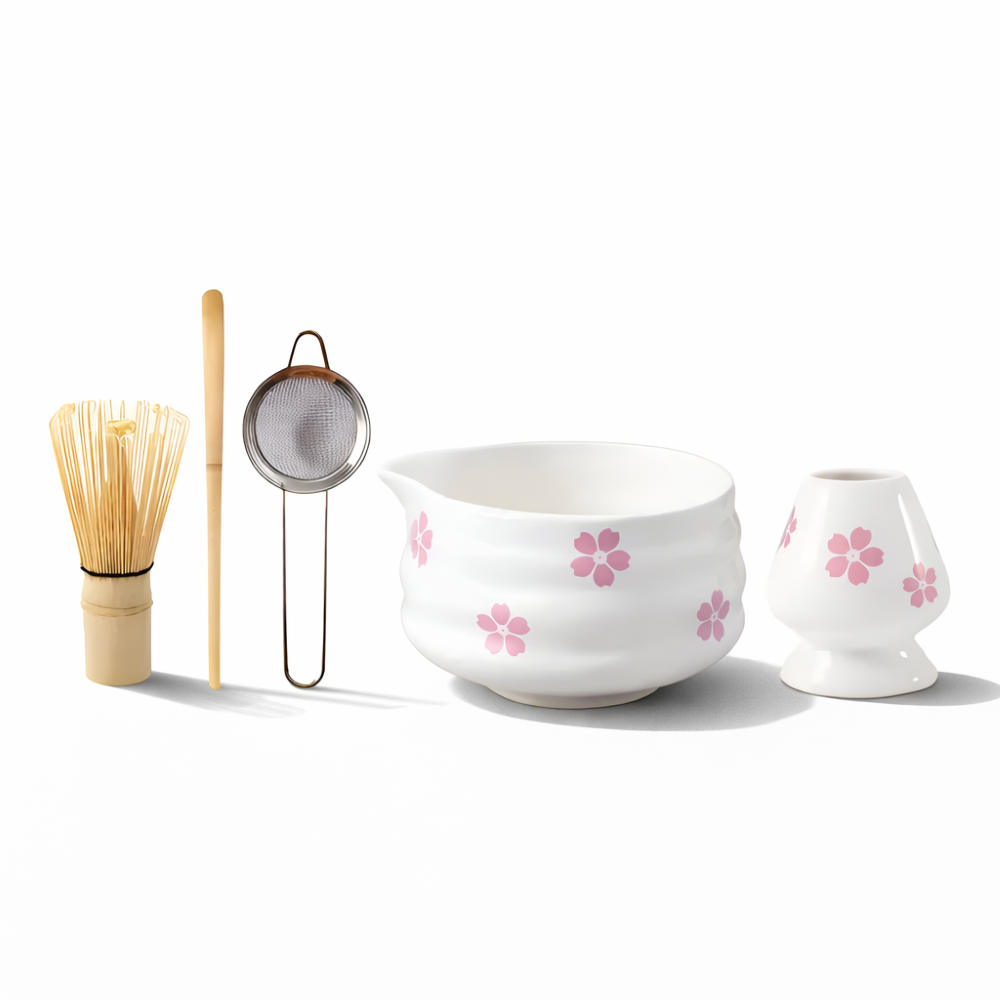 Hanamori – White Floral Powdered Green Tea Set 5 Pieces with Pouring Pot and Bamboo Whisk