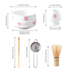Hanamori – White Floral Powdered Green Tea Set 5 Pieces with Pouring Pot and Bamboo Whisk