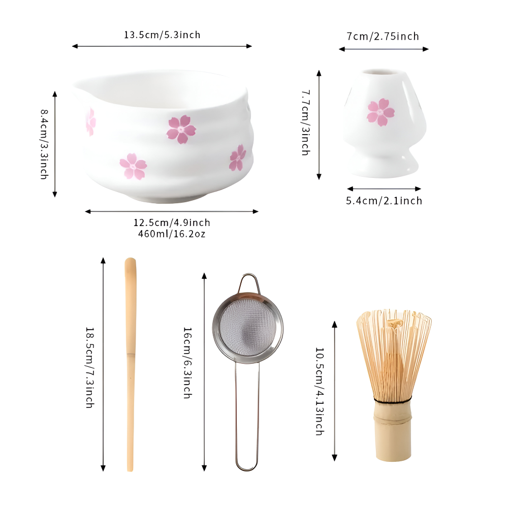 Hanamori – White Floral Powdered Green Tea Set 5 Pieces with Pouring Pot and Bamboo Whisk