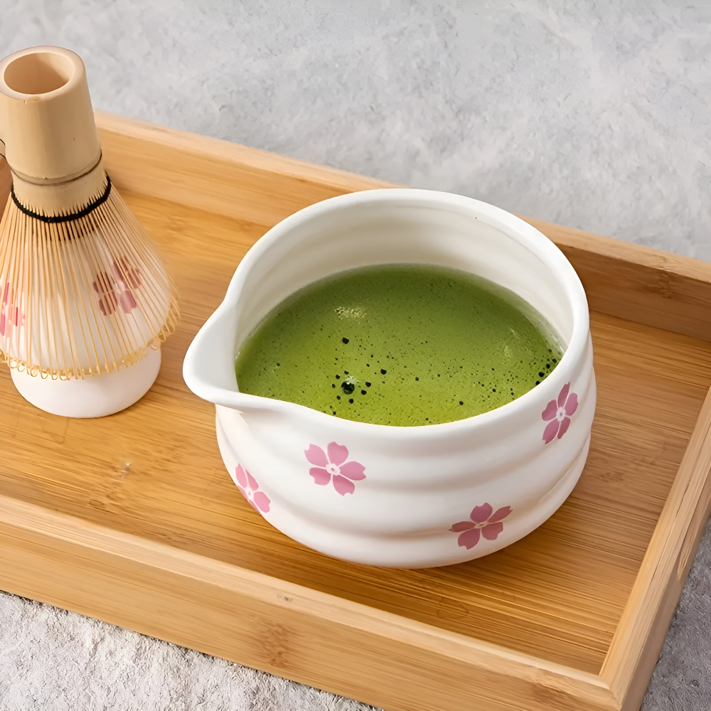 Hanamori – White Floral Powdered Green Tea Set 5 Pieces with Pouring Pot and Bamboo Whisk