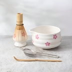 Hanamori – White Floral Powdered Green Tea Set 5 Pieces with Pouring Pot and Bamboo Whisk