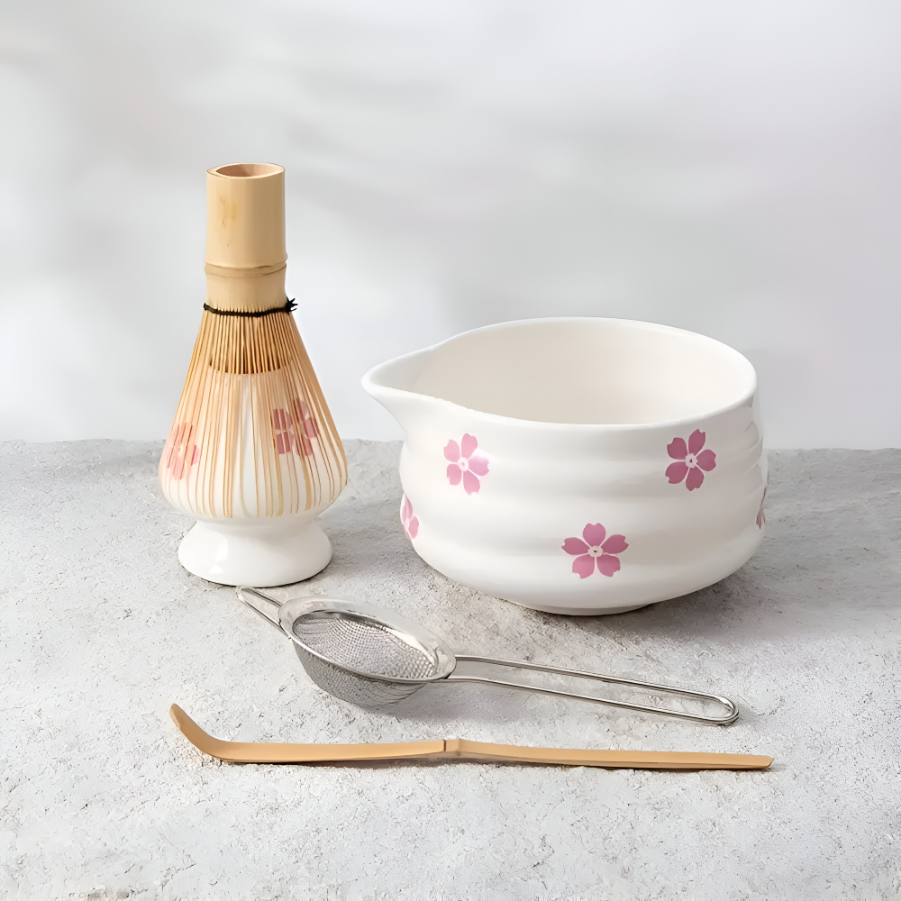 Hanamori – White Floral Powdered Green Tea Set 5 Pieces with Pouring Pot and Bamboo Whisk