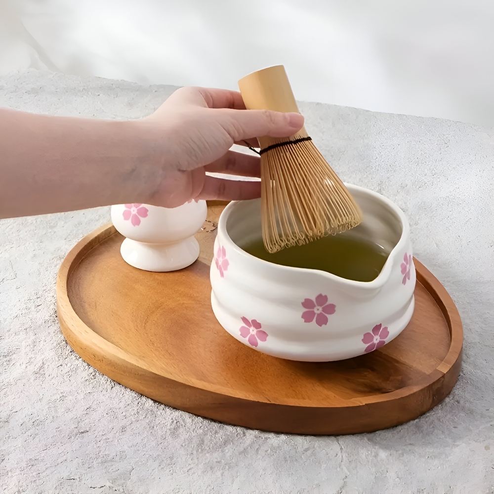 Hanamori – White Floral Powdered Green Tea Set 5 Pieces with Pouring Pot and Bamboo Whisk