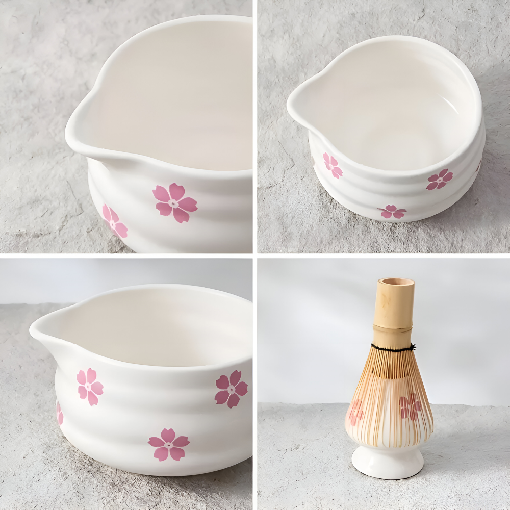 Hanamori – White Floral Powdered Green Tea Set 5 Pieces with Pouring Pot and Bamboo Whisk
