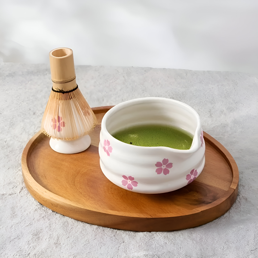 Hanamori – White Floral Powdered Green Tea Set 5 Pieces with Pouring Pot and Bamboo Whisk