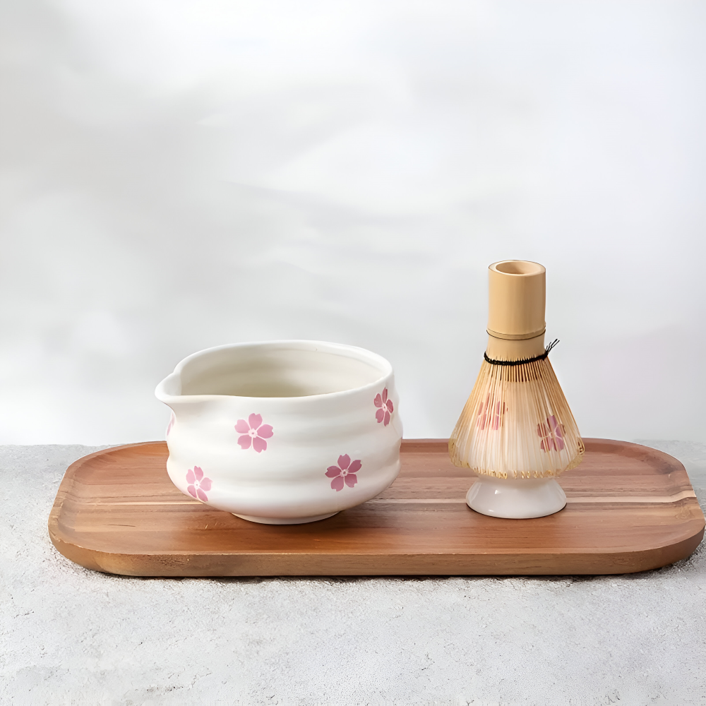 Hanamori – White Floral Powdered Green Tea Set 5 Pieces with Pouring Pot and Bamboo Whisk