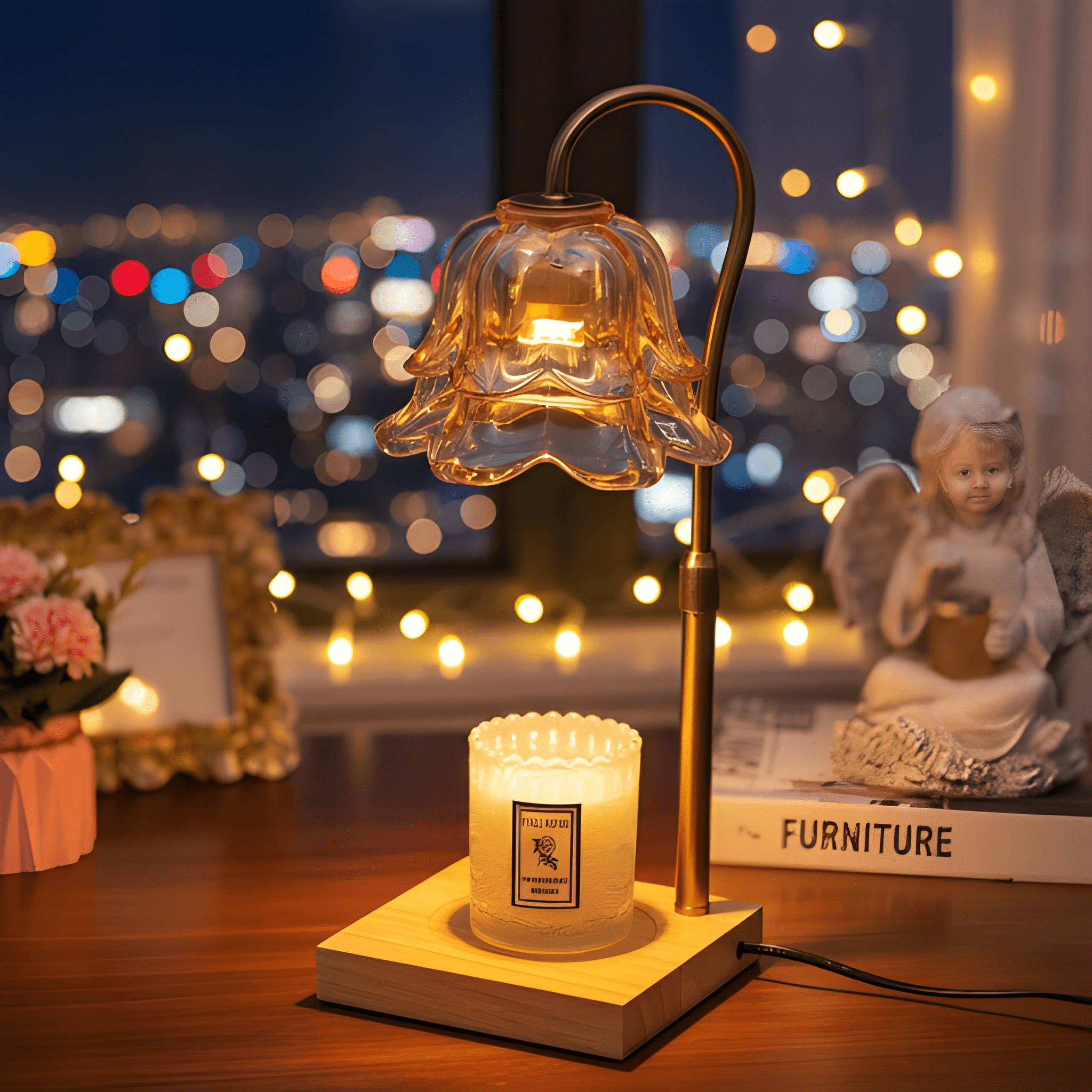 Floral Candle Warmer Table Lamp Electric Glass Shade with Wooden Base Adjustable Brightness and Timer