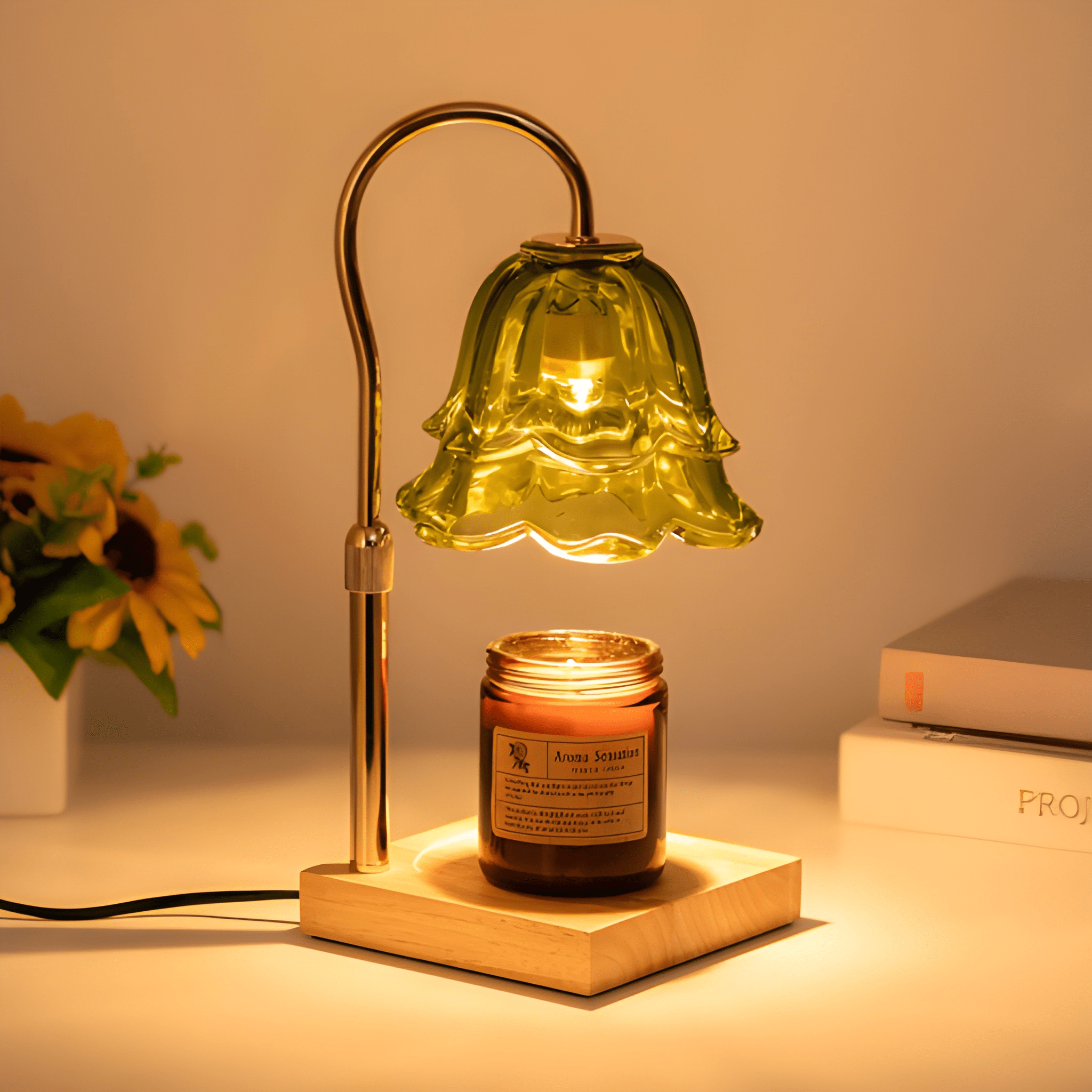 Floral Candle Warmer Table Lamp Electric Glass Shade with Wooden Base Adjustable Brightness and Timer