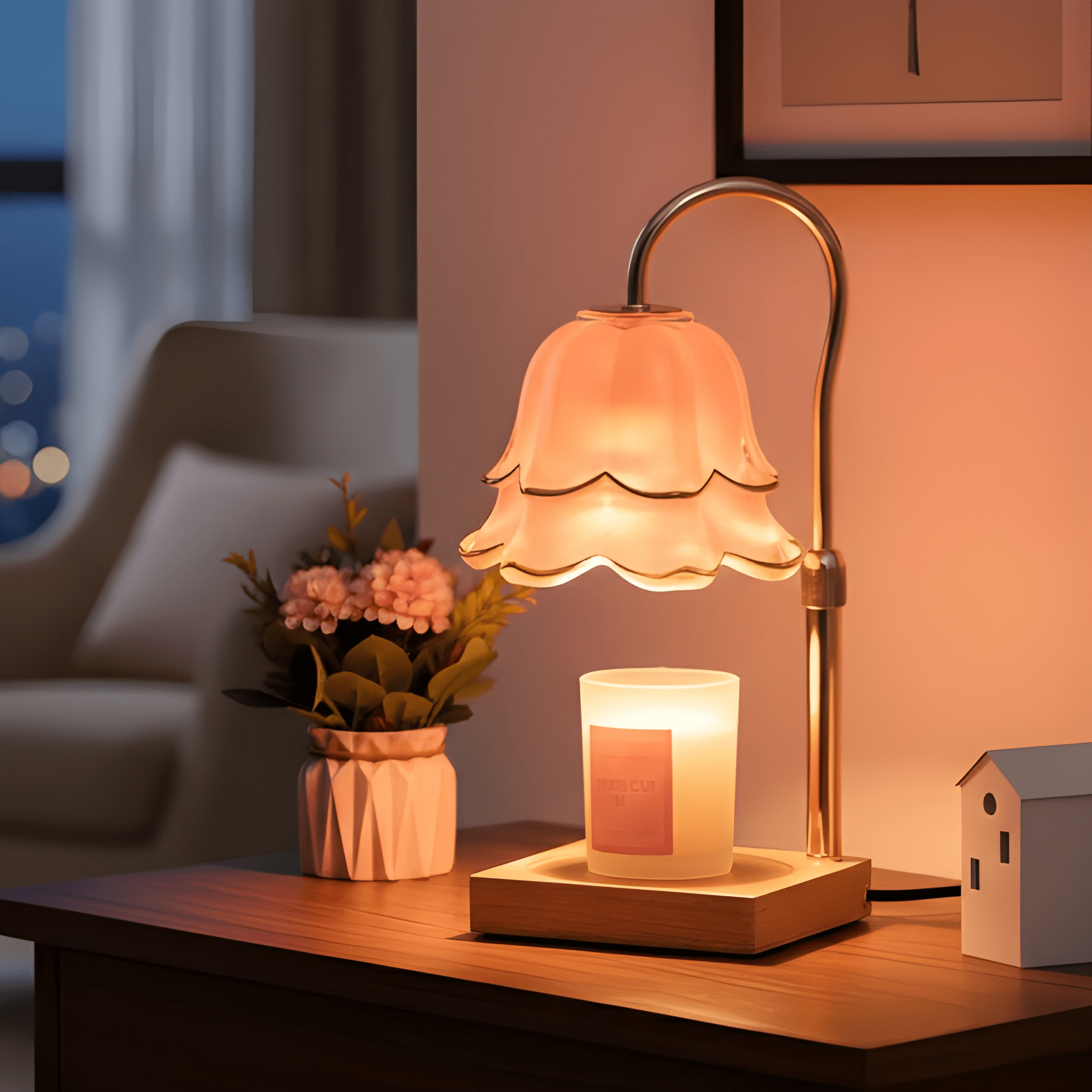 Floral Candle Warmer Table Lamp Electric Glass Shade with Wooden Base Adjustable Brightness and Timer