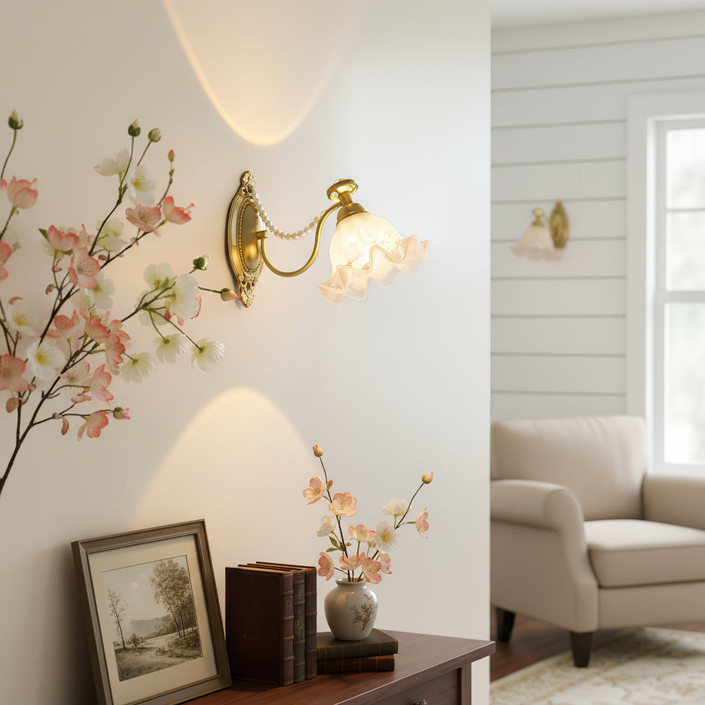 Floral Glass & Brass Wall Sconce — White Blossom