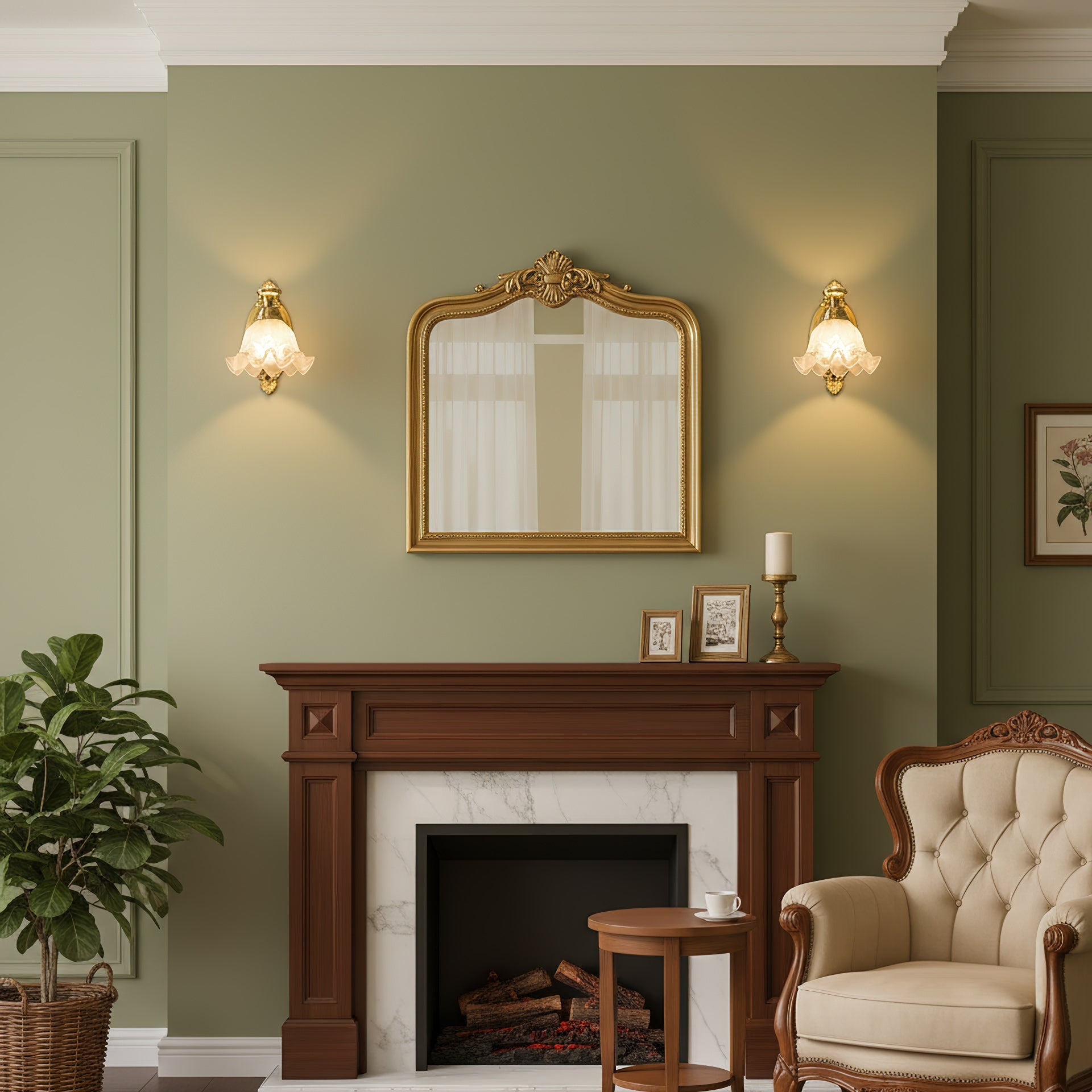 Floral Glass & Brass Wall Sconce — White Blossom
