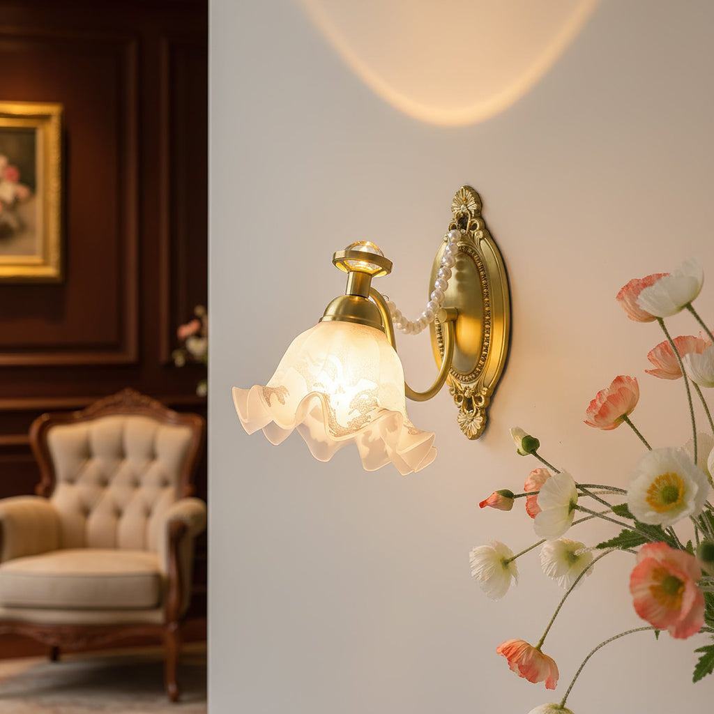 Floral Glass & Brass Wall Sconce — White Blossom