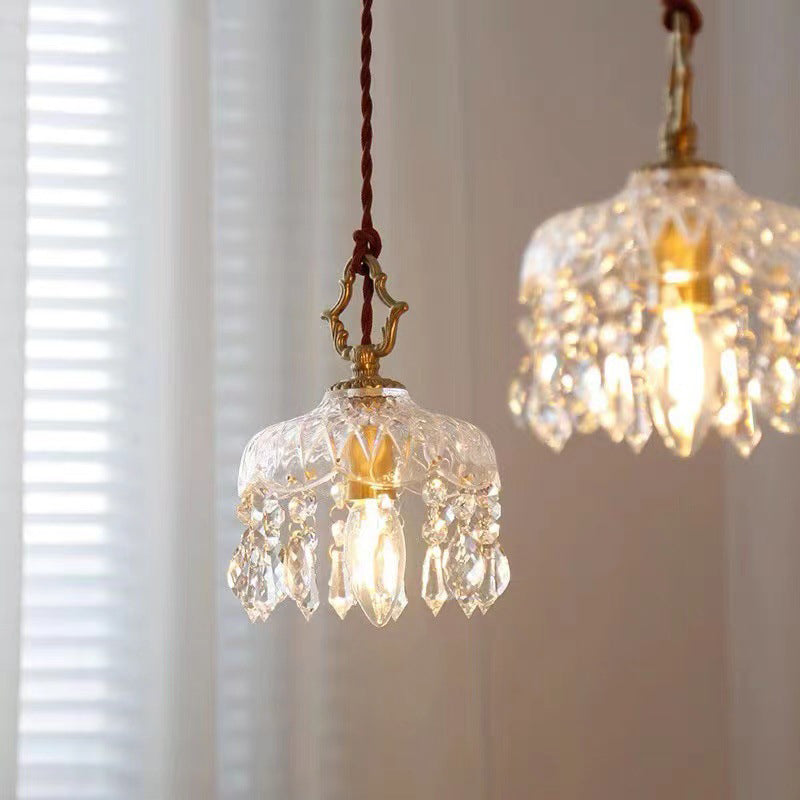 FlorinaLux: Vintage Crystal Pendant Light with Copper Frame & Floral Glass Shade, LED – for Hallway & Living Area