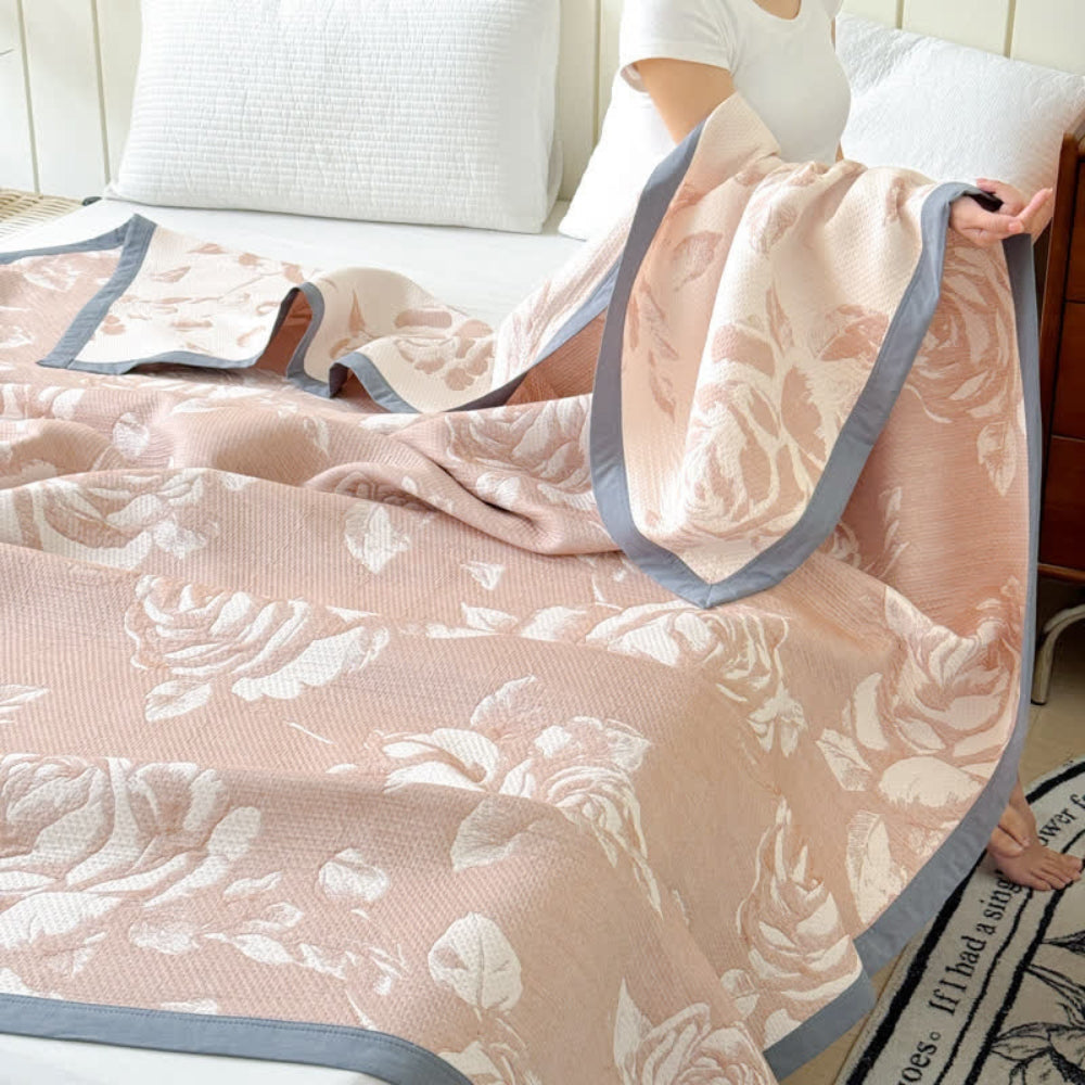 FlourivaSanft: Cotton Blankets in Feminine Rose Design with Three-Layer Structure & Soft Texture – for Sofa & Lounge