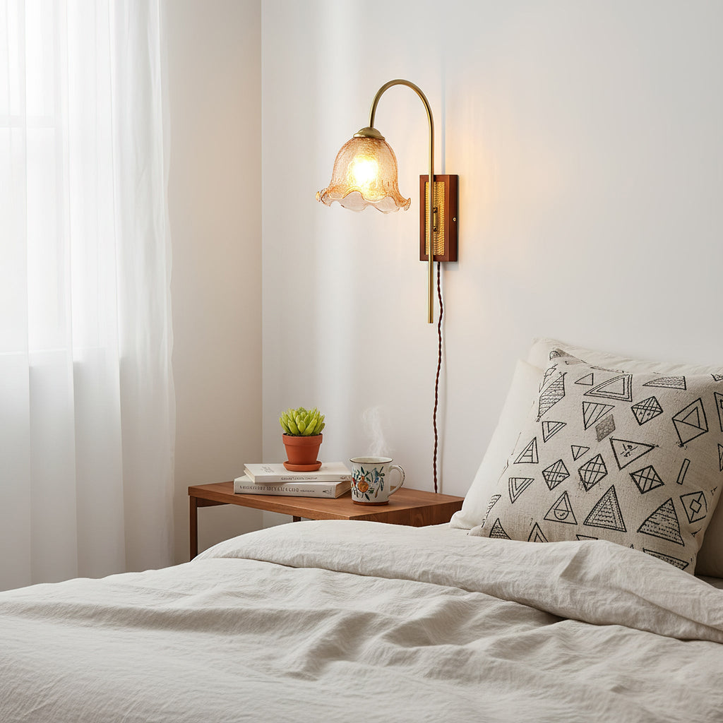 Amber Floral Glass Plug-In Wall Sconce with Bamboo