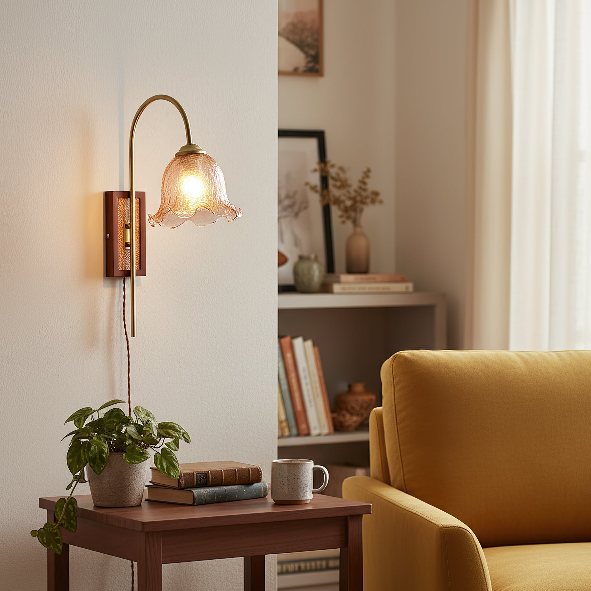 Amber Floral Glass Plug-In Wall Sconce with Bamboo