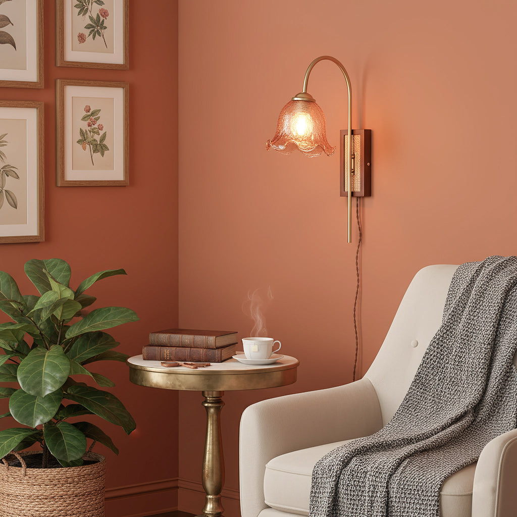 Amber Floral Glass Plug-In Wall Sconce with Bamboo