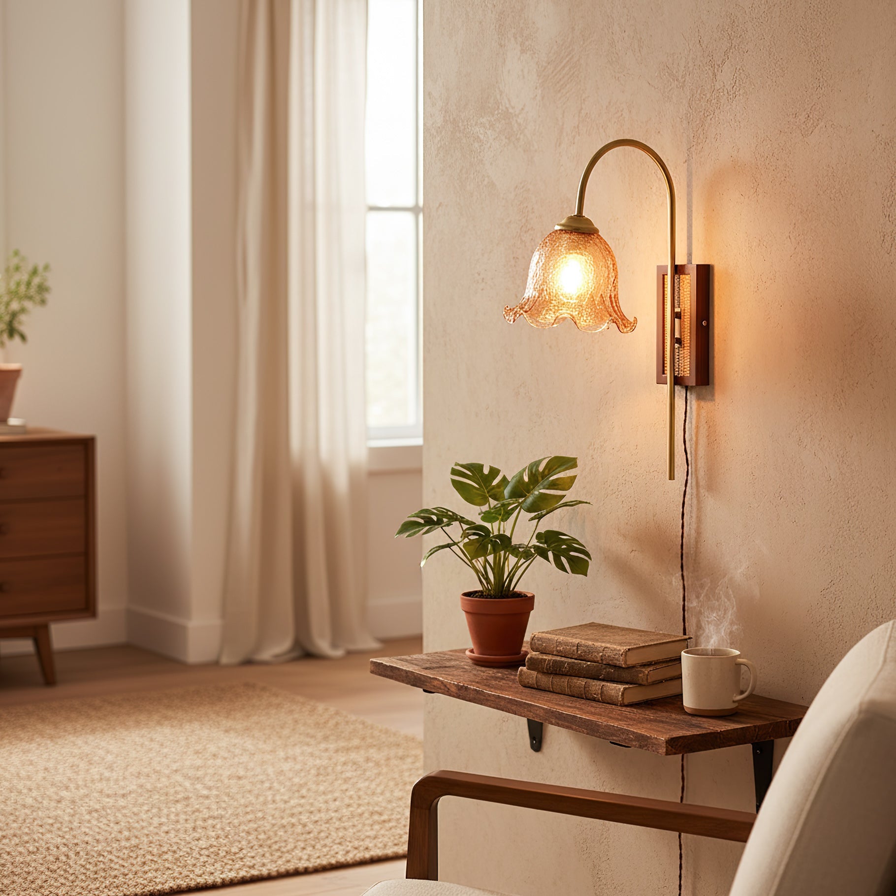 Amber Floral Glass Plug-In Wall Sconce with Bamboo