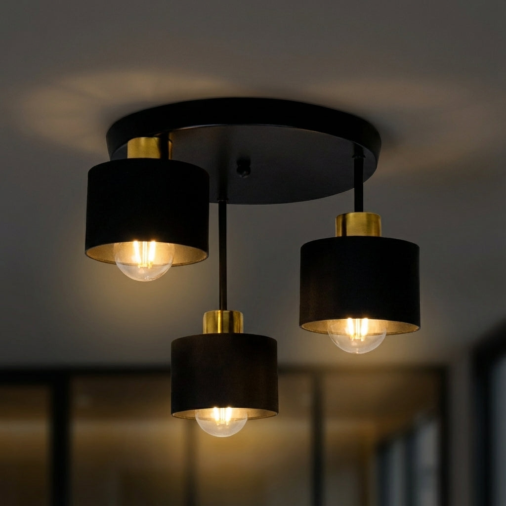 Ceiling Lamp 3 Light E27 Steel Frame Black and Gold Modern Industrial