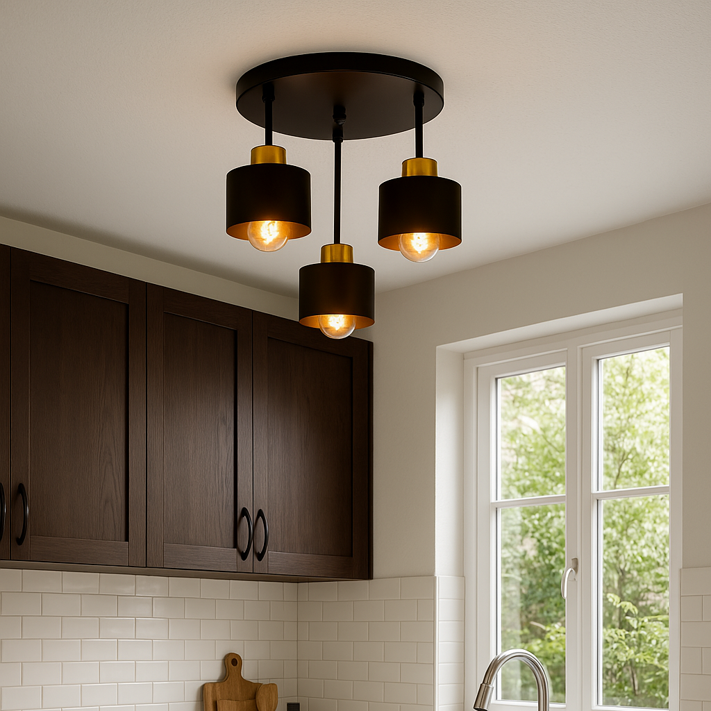 Ceiling Lamp 3 Light E27 Steel Frame Black and Gold Modern Industrial