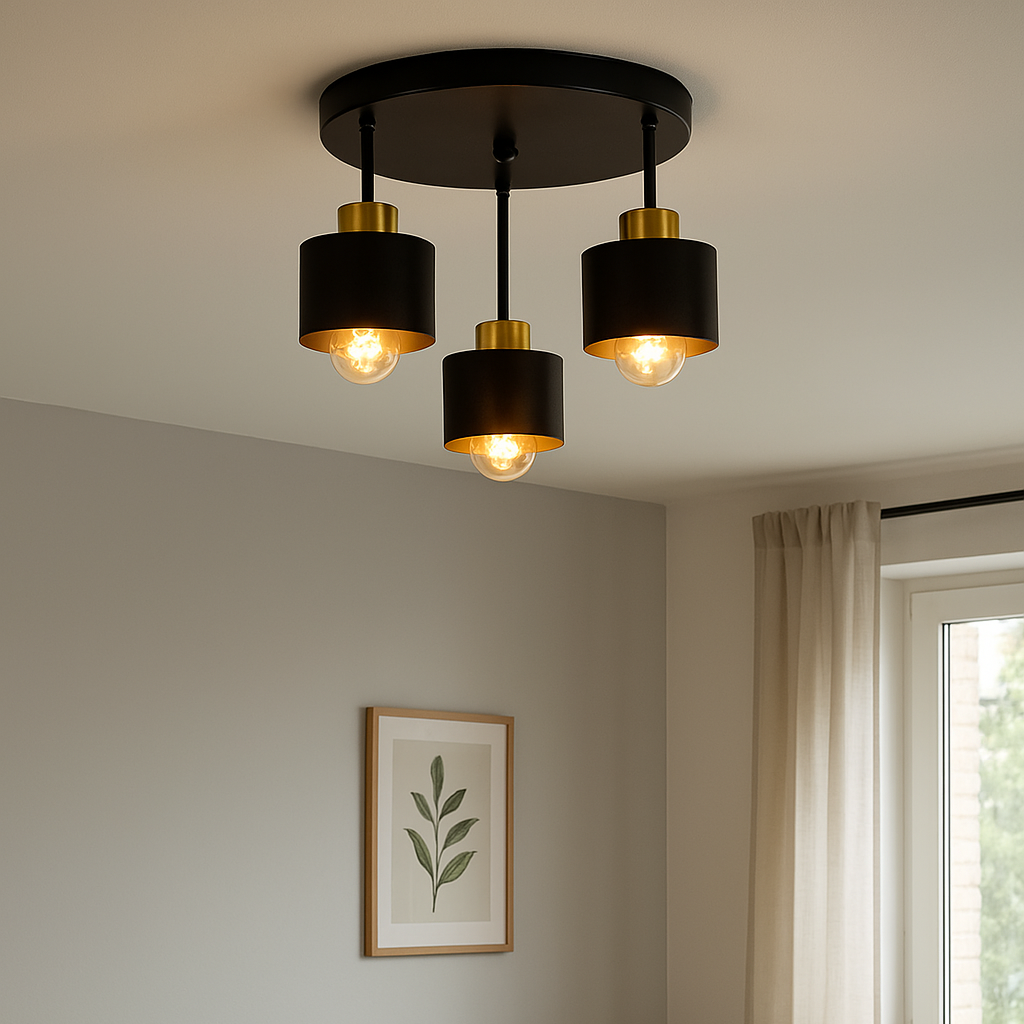 Ceiling Lamp 3 Light E27 Steel Frame Black and Gold Modern Industrial