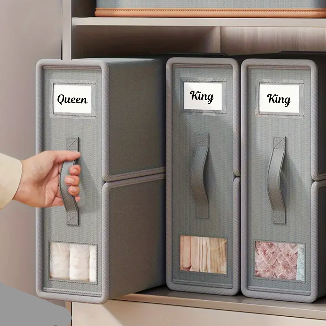 Foldable Bedding Organizer Structured Fabric Storage for Linens and Closet Shelves