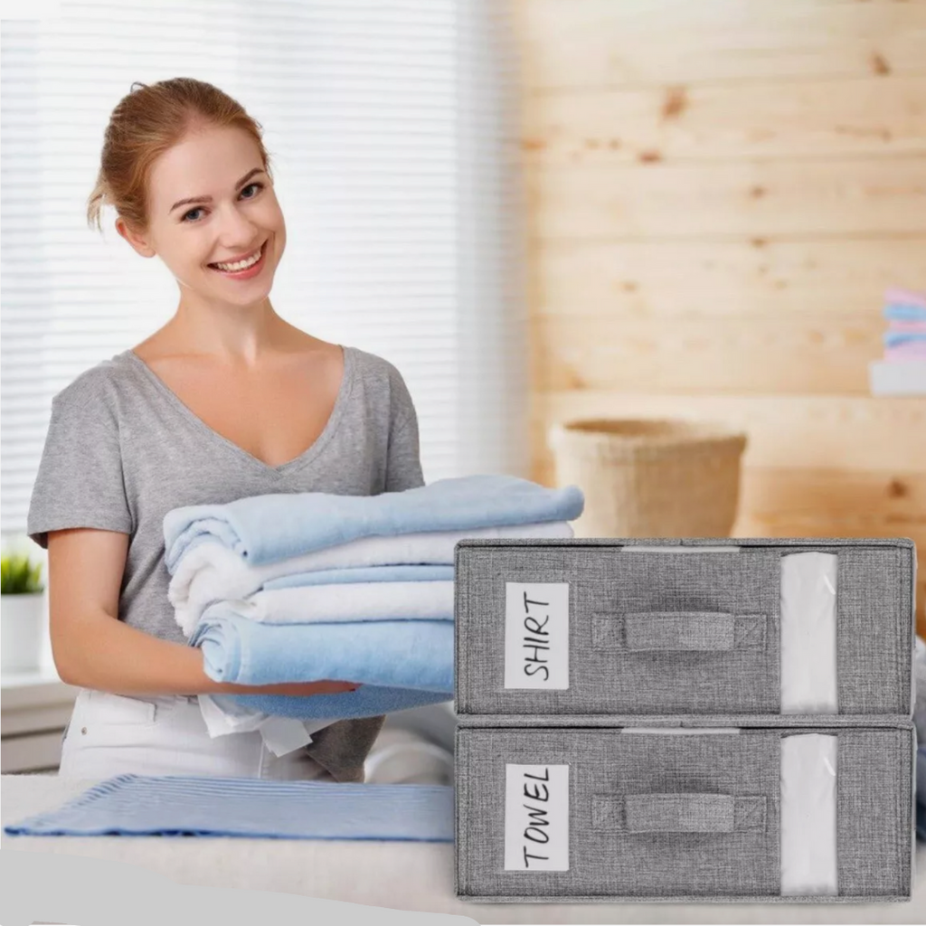 Foldable Bedding Organizer Structured Fabric Storage for Linens and Closet Shelves