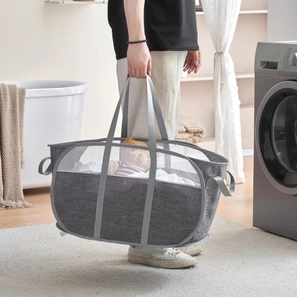 Foldable Laundry Basket Oxford Fabric Mesh Panels Portable Handles
