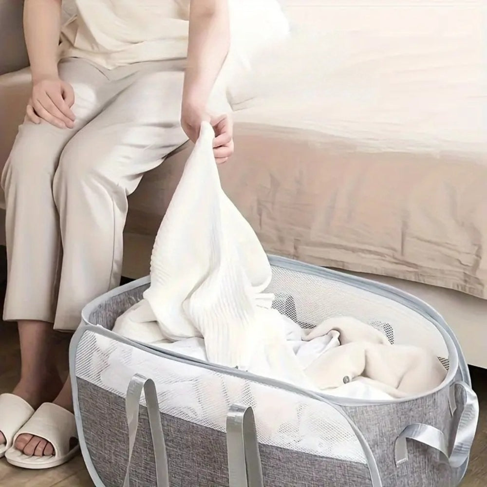 Foldable Laundry Basket Oxford Fabric Mesh Panels Portable Handles