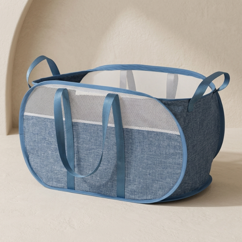 Foldable Laundry Basket Oxford Fabric Mesh Panels Portable Handles