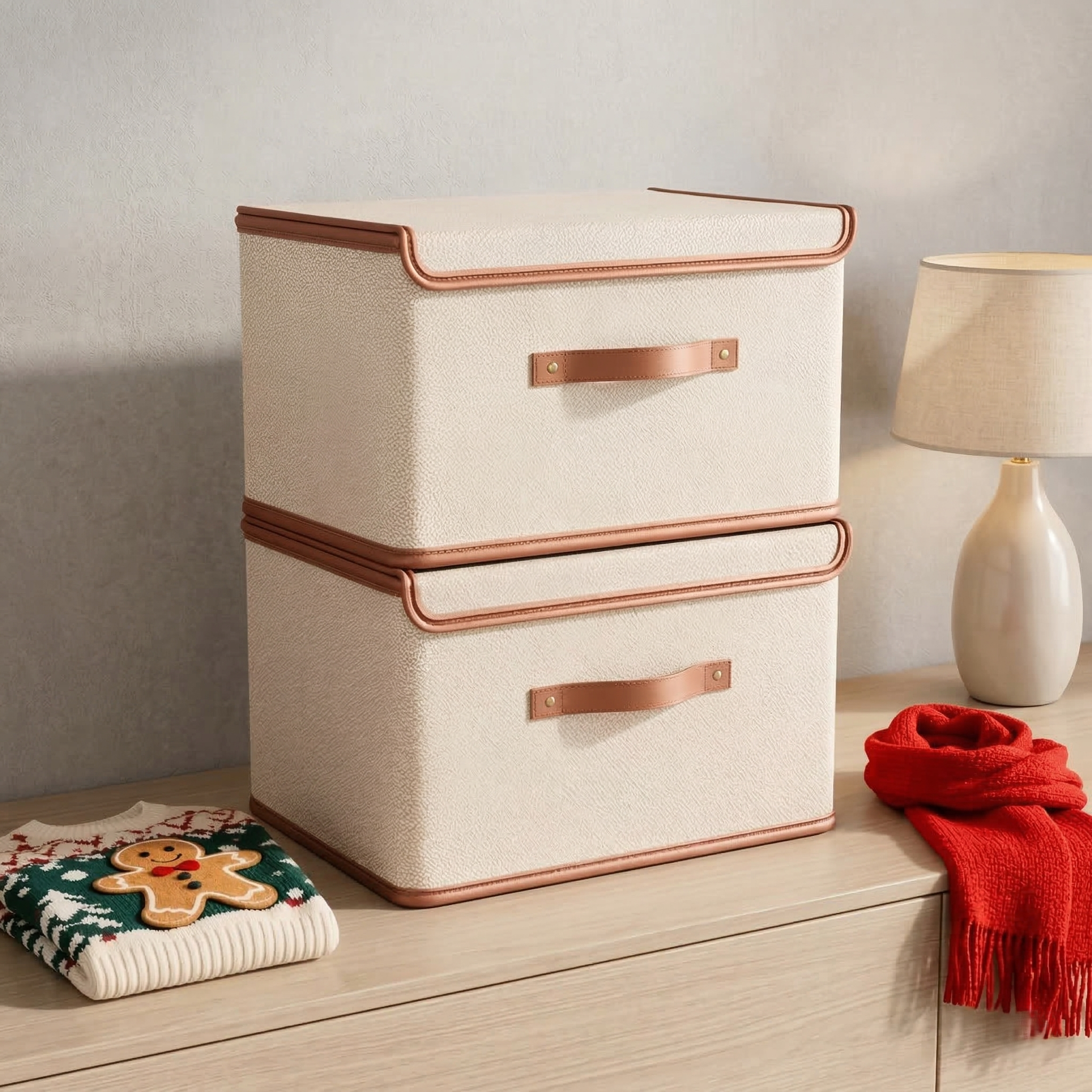 Storage Box Foldable Textile with Lid Handles for Closet Storage