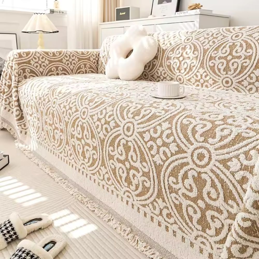 FransenCharm: Sofa cover in jacquard design with decorative edges & cozy texture – for sofa & bedroom