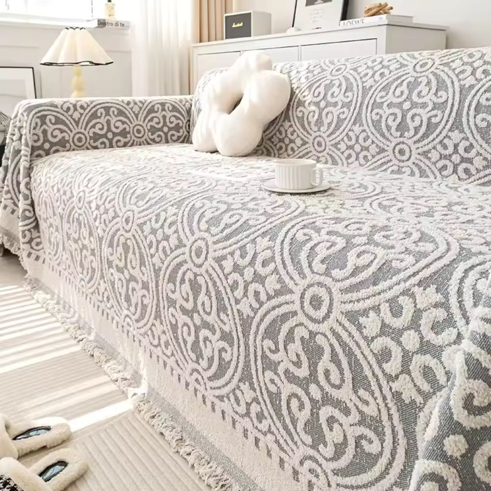 FransenCharm: Sofa cover in jacquard design with decorative edges & cozy texture – for sofa & bedroom