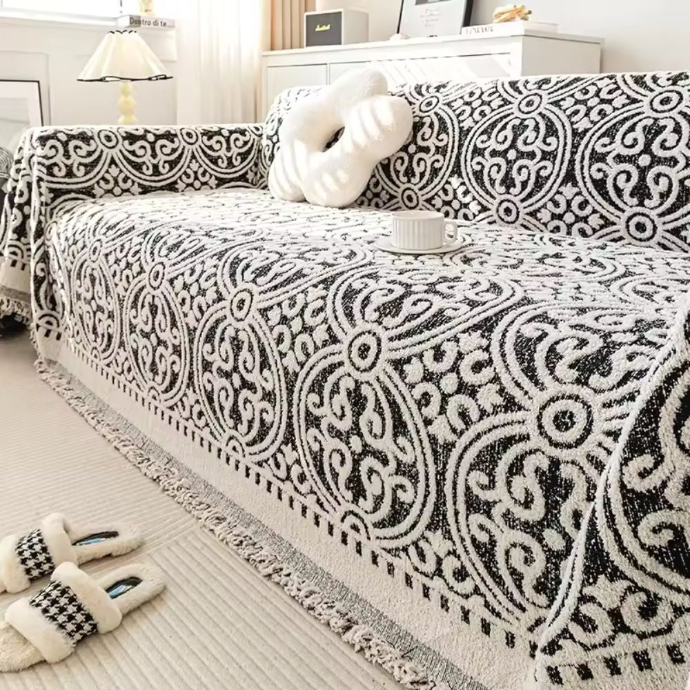 FransenCharm: Sofa cover in jacquard design with decorative edges & cozy texture – for sofa & bedroom