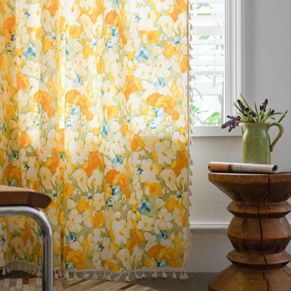 YellowFlair: Country Style Curtain with Floral Structure & Tassels – Light Filtering & Charming for Dining Rooms