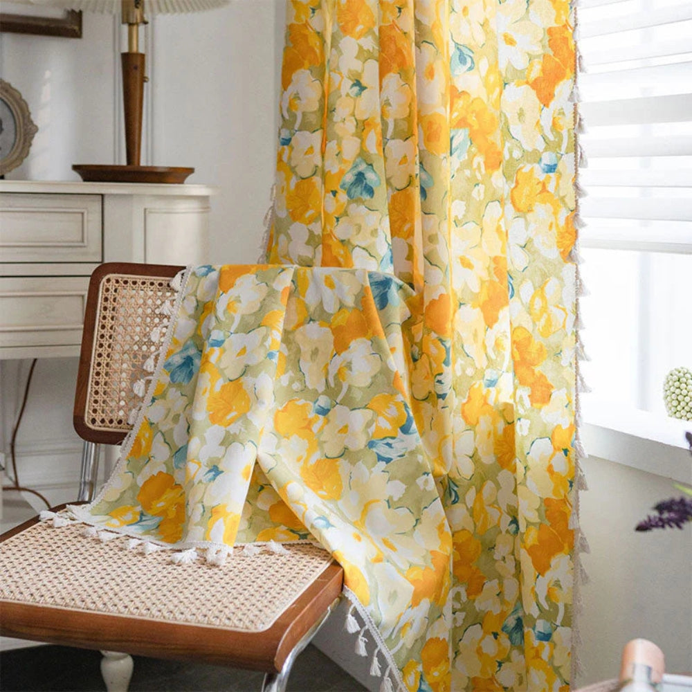 YellowFlair: Country Style Curtain with Floral Structure & Tassels – Light Filtering & Charming for Dining Rooms