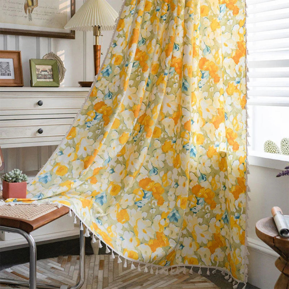 YellowFlair: Country Style Curtain with Floral Structure & Tassels – Light Filtering & Charming for Dining Rooms